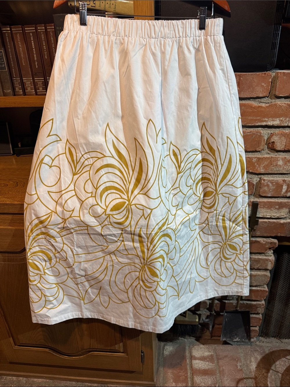 Avec Les Filles White Midi Skirt with Gold Floral Border Print and matching top.